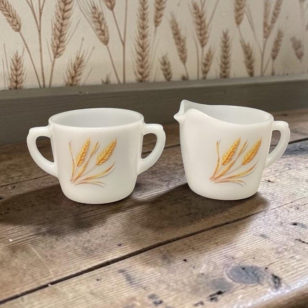 Anchor Hocking Fire King Milk Glass Creamer & Sugar Bowl, Vintage Wheat Pattern